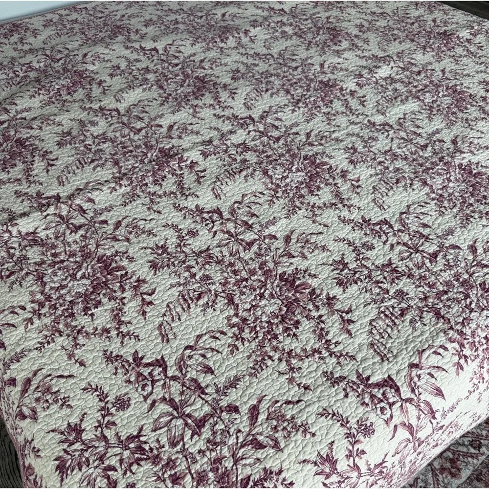Vtg Laura Ashley Botanical Toile Quilt Coverlet Raspberry Pink Floral Cotton 90s